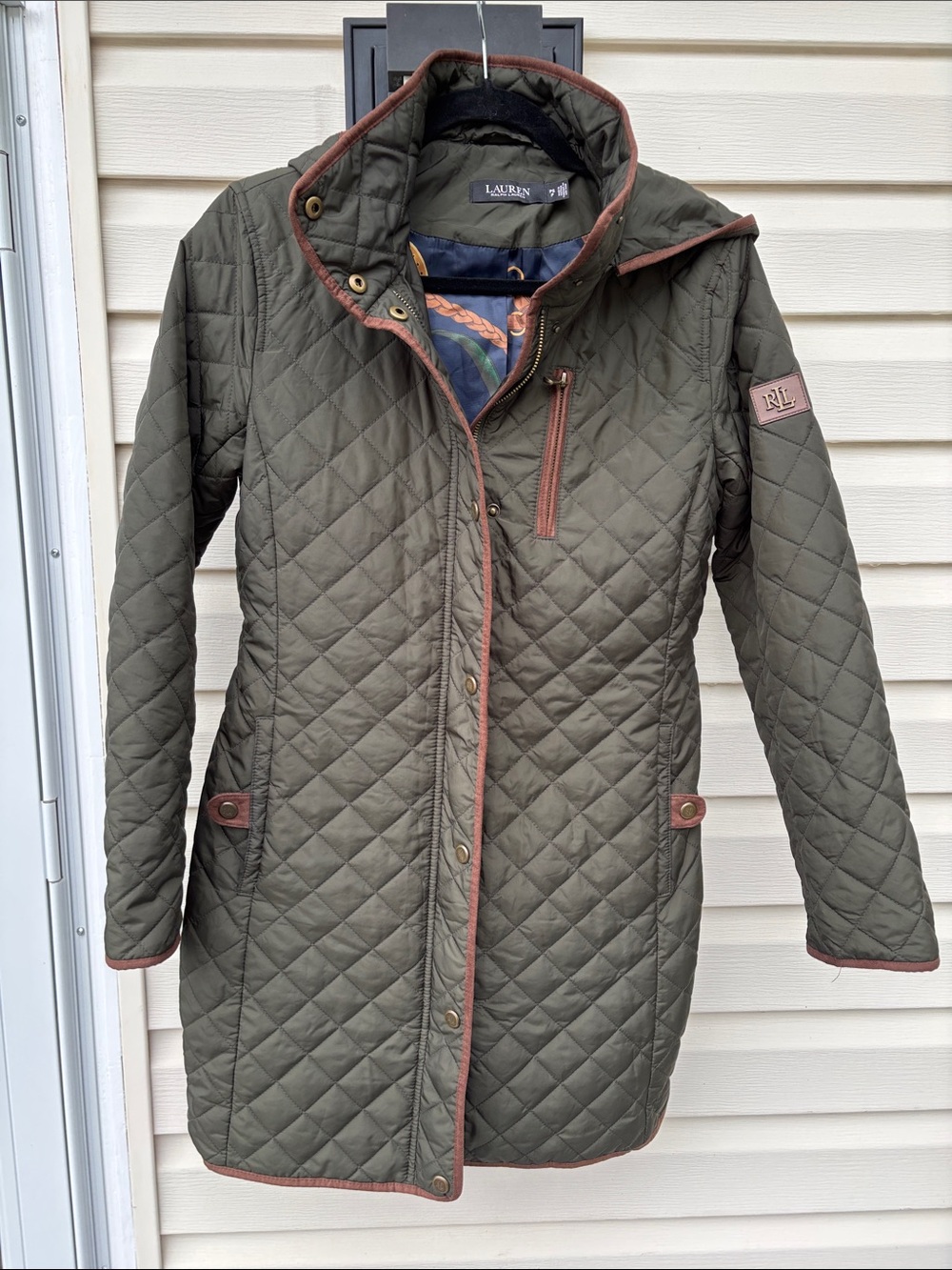 Lauren Ralph Lauren Ladies Quilted Olive Green Brown Trim Jacket-PETITE SMALL